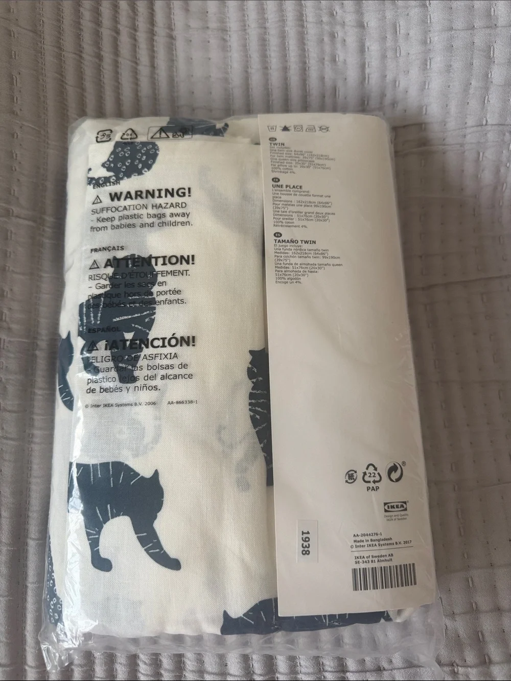 IKEA White and Navy Cat Print Twin Duvet Cover